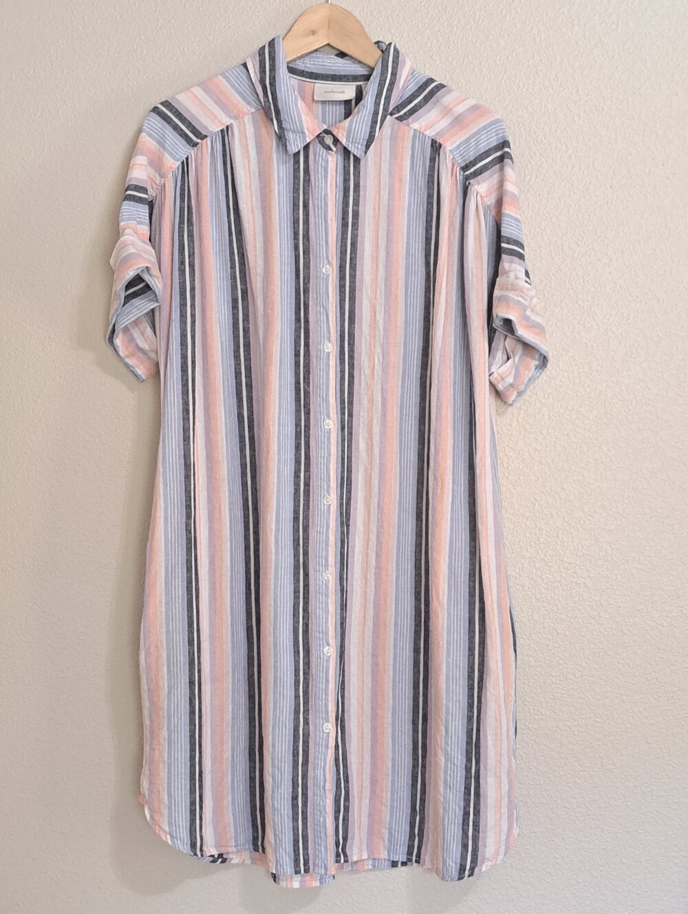 Ecothreads Linen Blend Striped Button Up Shirt Dress Coastal Boho Large